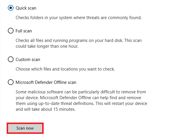 Scegli un'opzione di scansione secondo le tue preferenze e fai clic su Scansiona ora.  Risolto il problema con il clic destro di Firefox non funzionante