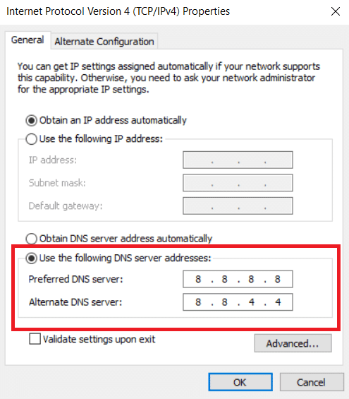 Utilizzare la seguente opzione di indirizzi del server DNS