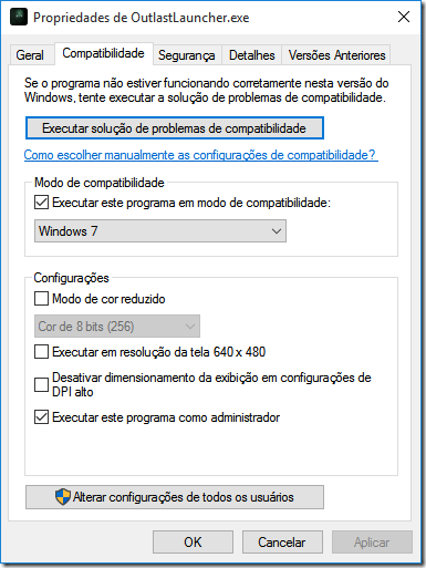 Marque a opção Executar este programa em modo de compatibilidade, depois escolha o Windows 7.