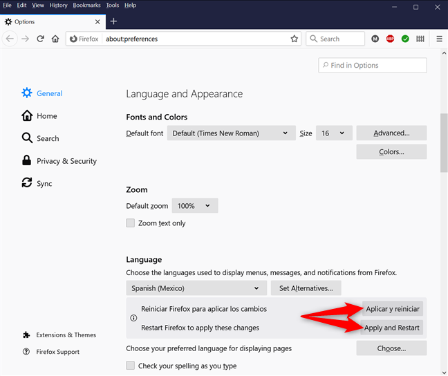 Aplica tus cambios y reinicia Firefox