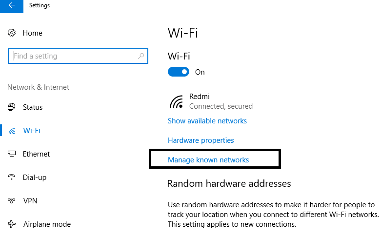 เลือก "Wi-Fi" และคลิกลิงก์ "จัดการเครือข่ายที่รู้จัก"