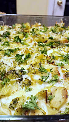 Breakfast Casserole Recipe - cooked celery, onion, Aidell's chicken bacon pineapple sausage, a layer of Emmenthel swiss, and then roasted broccoli before adding the 3 eggs/1 cup milk