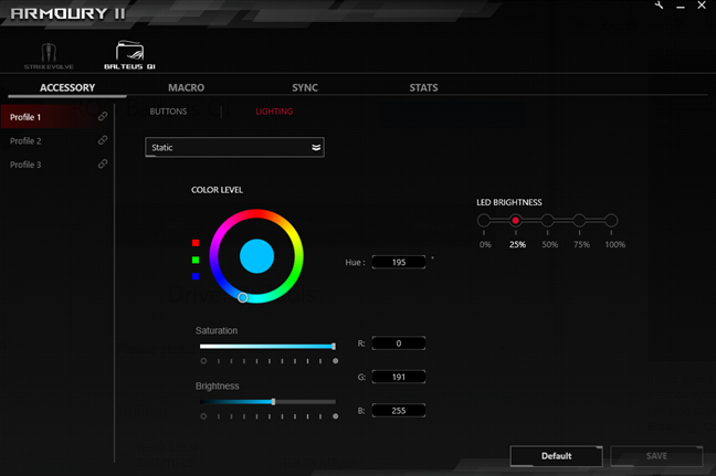 Efectos de color e iluminación disponibles para la alfombrilla de ratón ASUS ROG Balteus Qi