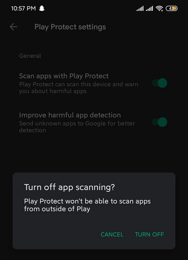 Ненадолго отключите «сканировать приложения с помощью Play Protect».