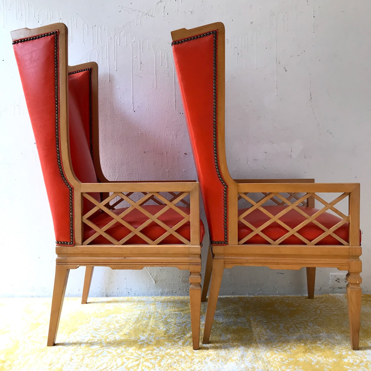 Maple & Orange Vinyl High Wingback Chair Pair