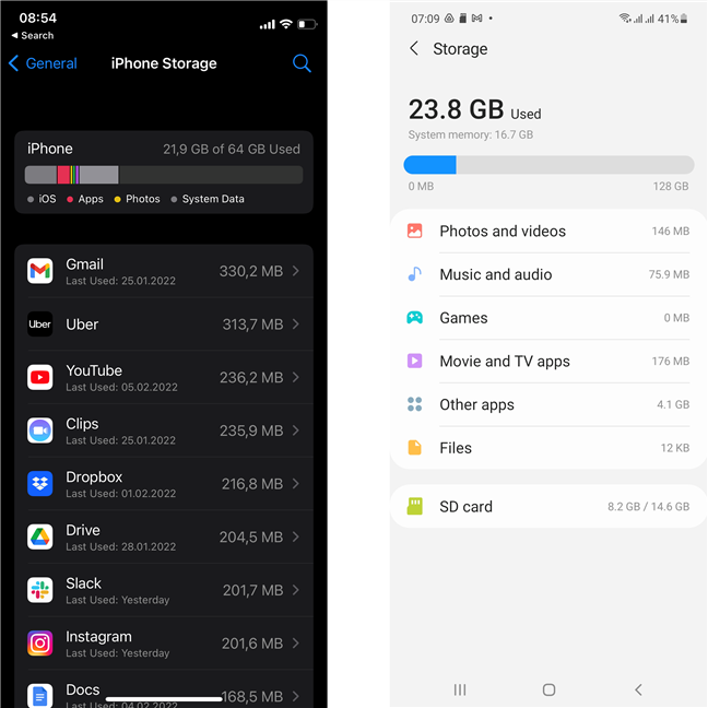 El espacio de almacenamiento en un iPhone 12 versus un Samsung A51