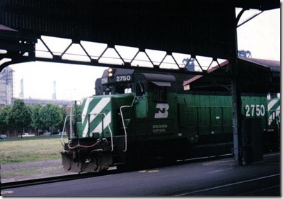 Burlington Northern GP39E #2750 at Union Station in Portland, Oregon on May 11, 1996