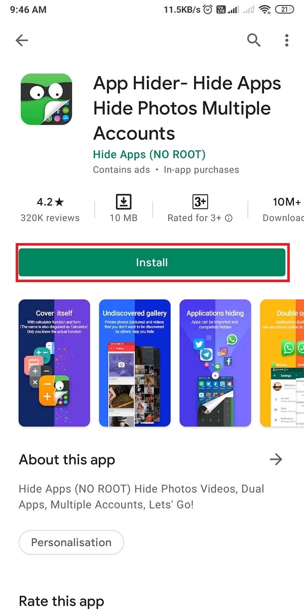 Откройте Google Play Store и загрузите App hider.