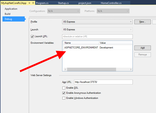 Variable de entorno "ASPNETCORE_ENVIRONMENT" establecida a "Development" en las propiedades del proyecto