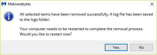 MBAM puede requerir un reinicio para completar el proceso de eliminación.  Si muestra el siguiente mensaje, simplemente haga clic en Sí para reiniciar su PC.