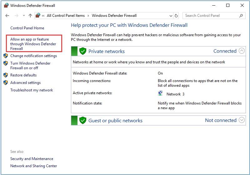 W wyskakującym okienku wybierz Zezwalaj aplikacji lub funkcji przez Zaporę Windows Defender.