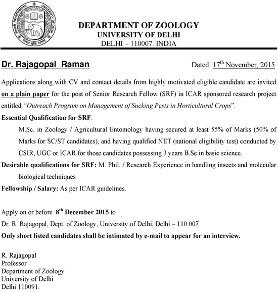 University Delhi Entomology SRF Vacancy