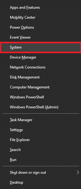 Stiskněte současně klávesy Windows + X a vyberte možnost Systém.  Oprava Windows 10 Start Menu Search nefunguje