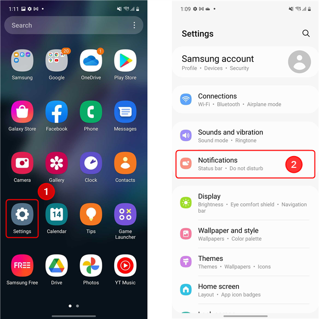 Sui dispositivi Samsung Galaxy, devi accedere alle Notifiche nell'app Impostazioni