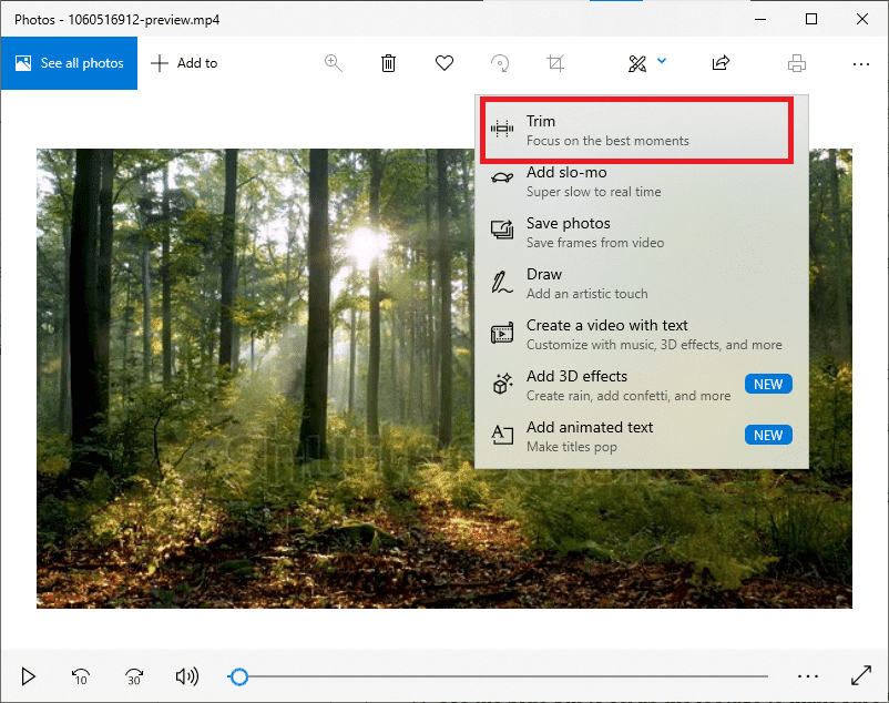 Klik op de optie Trimmen.  Video inkorten in Windows 10