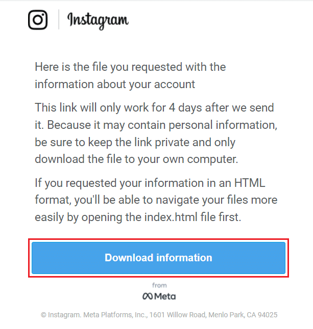 cliquez sur les informations de téléchargement de votre instagram dans le courrier.  Comment effectuer la récupération des messages Instagram