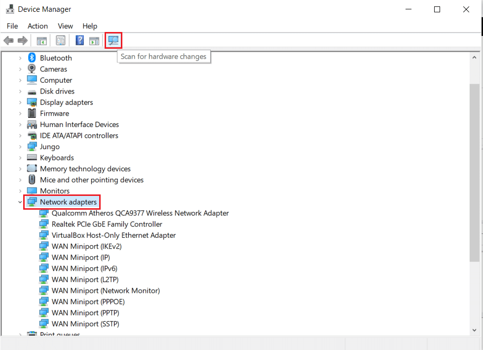 haga clic en escanear el ícono de cambios de hardware y verifique los adaptadores de red