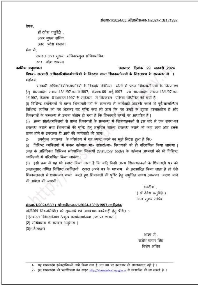 सरकारी अधिकारियों/कर्मचारियों के विरुद्ध प्राप्त शिकायती पत्रों के निस्तारण के सम्बन्ध में।