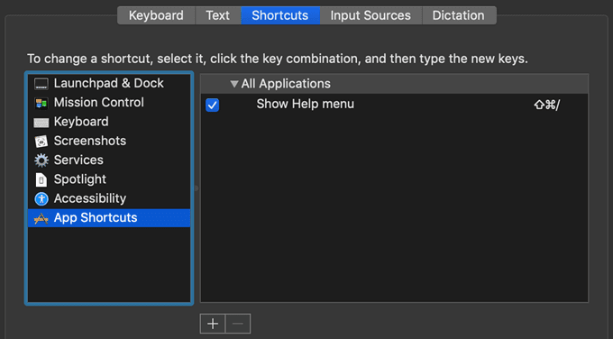 Ventana de accesos directos de aplicaciones en la configuración del teclado