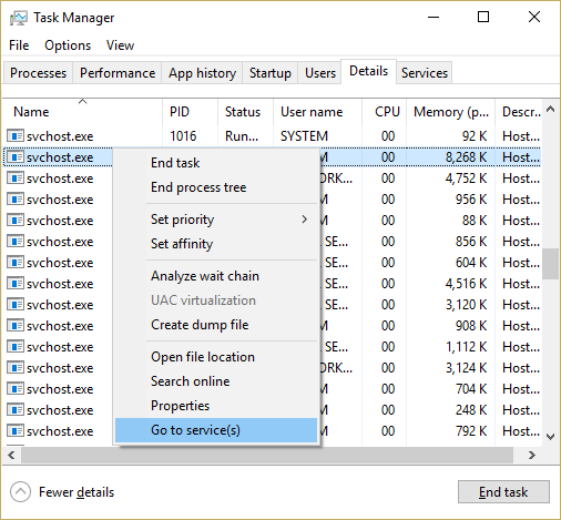 CPU 사용량을 높이는 svchost.exe를 마우스 오른쪽 버튼으로 클릭하고 서비스로 이동을 선택합니다.