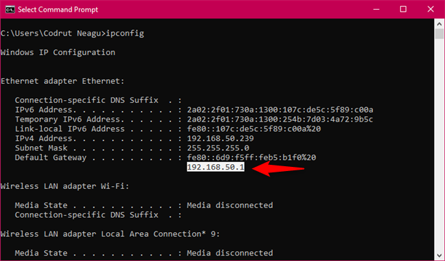 Esecuzione di ipconfig per identificare l'indirizzo IP del router