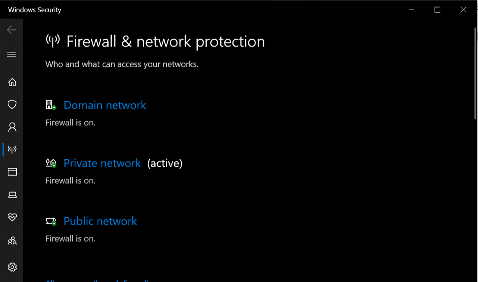 Musíte vypnout bránu firewall pro veřejné i soukromé sítě.