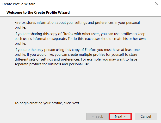 Bouton Suivant Fenêtre de l'assistant de création de profil