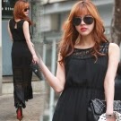 胸口透膚縮腰傘狀長洋裝(黑˙白) Pink東大門