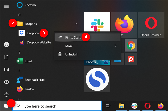 Apri la cartella di un'app da aggiungere a Start in Windows 10