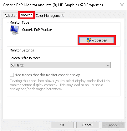 cambie a la pestaña Monitor y haga clic en Propiedades para encontrar los detalles del fabricante y modelo del monitor.