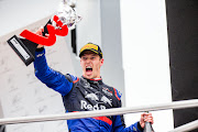 Daniil Kvyat of Scuderia Toro Rosso and Russia celebrates 3rd place during the F1 Grand Prix of Germany at Hockenheimring on July 28, 2019 in Hockenheim, Germany.