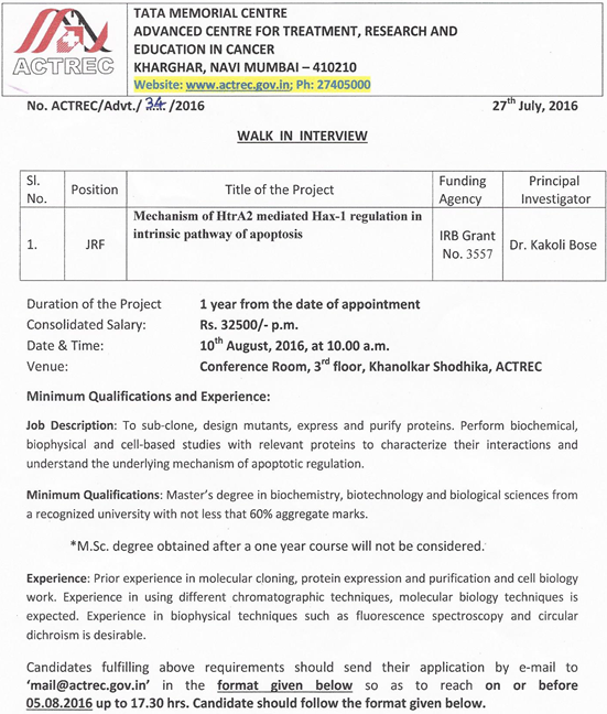 TMC Mumbai Apoptosis JRF Walk IN 2016 July