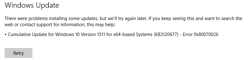 Correggi l'errore di aggiornamento di Windows 0x80070026