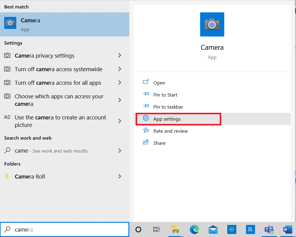 Appuyez sur le bouton Démarrer.  Tapez appareil photo et cliquez sur Paramètres de l'application.  Comment réparer la caméra d'un ordinateur portable non détectée sur Windows 10