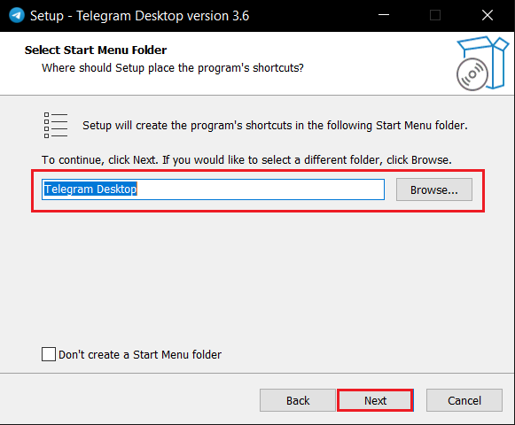 seleziona la cartella del menu di avvio e fai clic su Avanti per installare Telegram Desktop