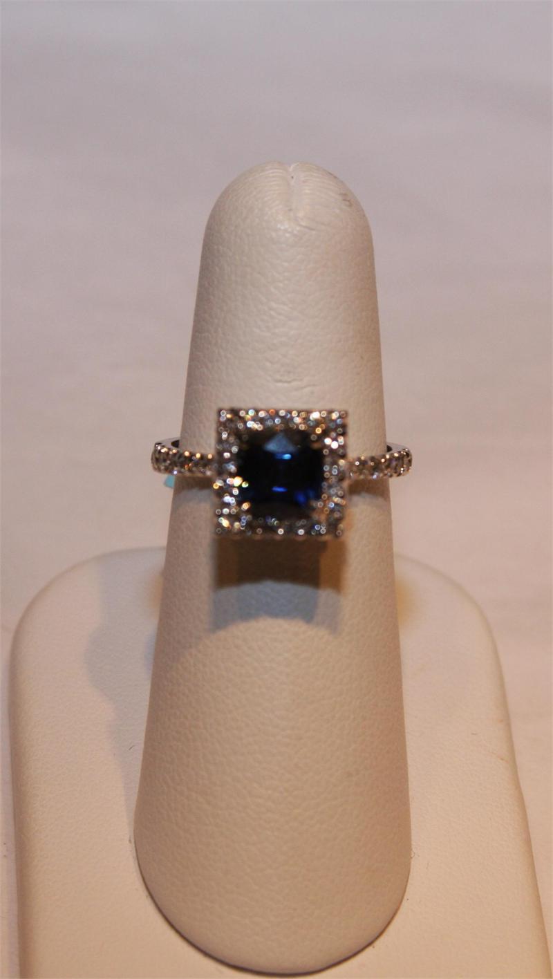 14K W.G. RING CUSHION CUT BLUE SAPPHIRE 68 ROUND CUT DIAMONDS 1.66 CARATS