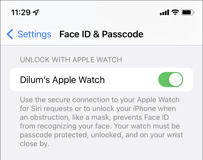 얼굴 ID 및 암호 > Apple Watch로 잠금 해제