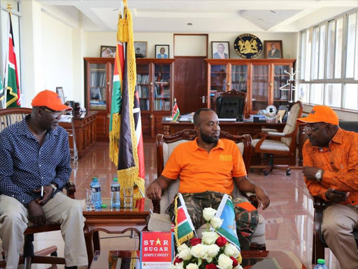 Siaya Governor Cornel Rasanga with Mombasa Governor Hassan Joho and Kisumu Governor Jack Ranguma before heading to Kirembe grounds for a rally on October 1, 2016. /MAURICE ALAL