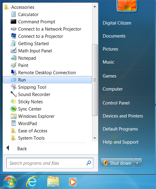 Apri Esegui dal menu Start di Windows 7