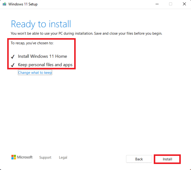 klik op installeren in het Windows 11 Setup-venster.  Updatefout 0x800f0988 in Windows 11 oplossen