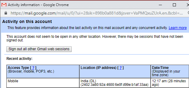 En la ventana de información de la actividad, haga clic en 'Cerrar sesión en todas las demás sesiones web de Gmail'