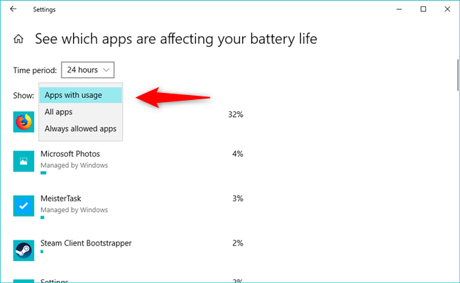 Verschillende lijsten met apps waarvan je het batterijgebruik ziet