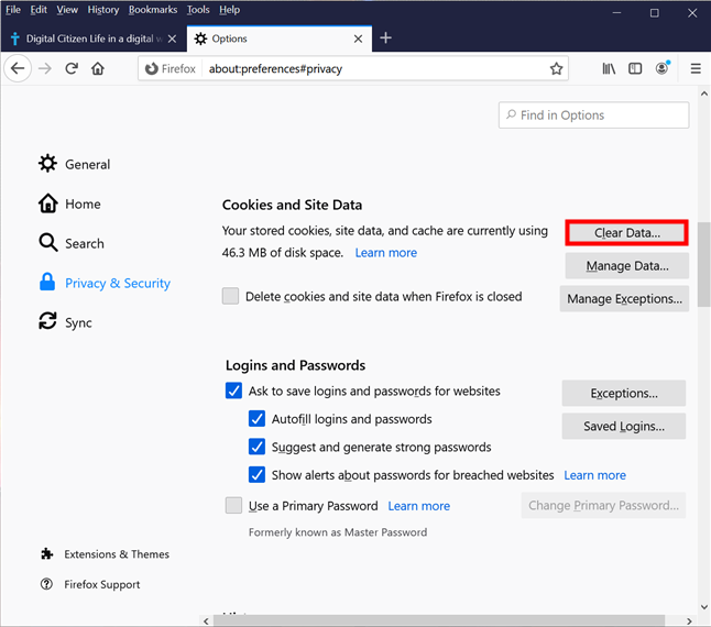 Pulse Borrar datos para eliminar las cookies de Firefox