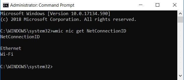 Escriba wmic nic get NetConnectionID para obtener los nombres de los adaptadores de red