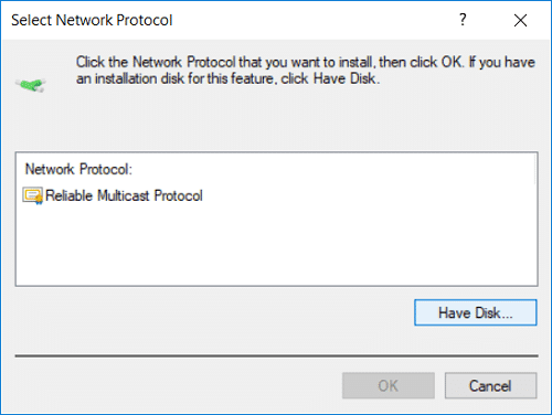 คลิกที่ Have Disk บน Select Network Protocol Window