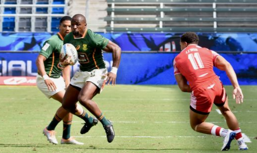 Siviwe Soyizwapi of SA during the match between against Wales on day 2 of the HSBC Los Angeles Sevens at Dignity Health Park on August 28 in Los Angeles.