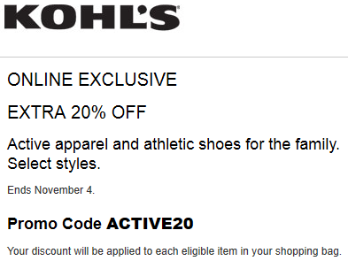 kohls coupon 20% Active Apparel  & Athletic Shoes