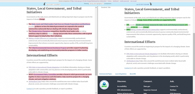 There have been extensive revisions made to the EPA's climate collaboration page by the Trump regime, including removing language about carbon pollution. Graphic: EDGI