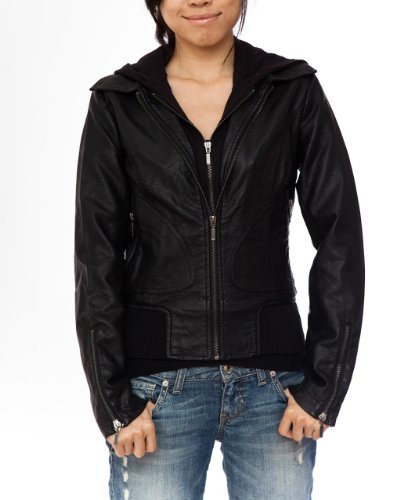 Ladies Black Synthetic Leather Detatchable Zipper Hoody Lining