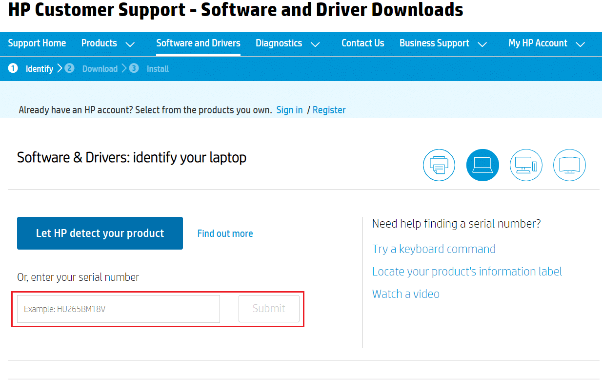 entrez le numéro de série de l'ordinateur portable dans la page de téléchargement du pilote hp